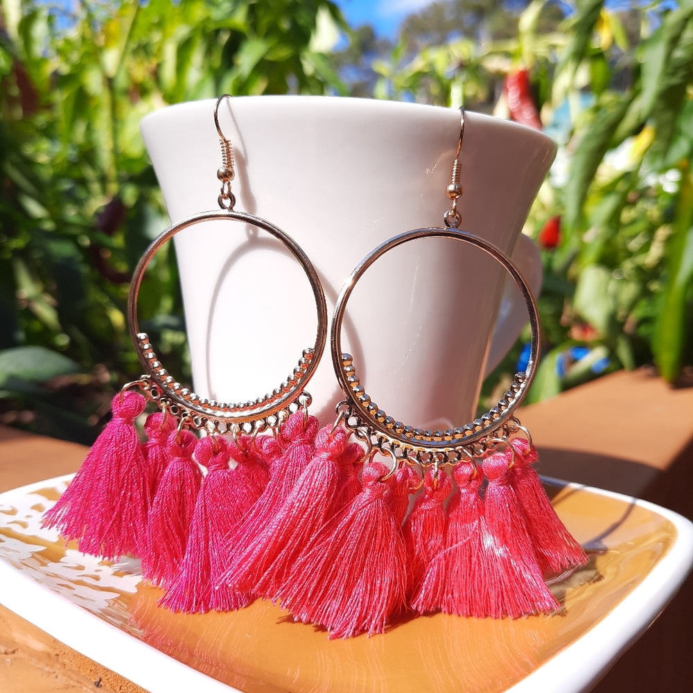 Pink & Gold Circle Tassel Light Weight Earrings
